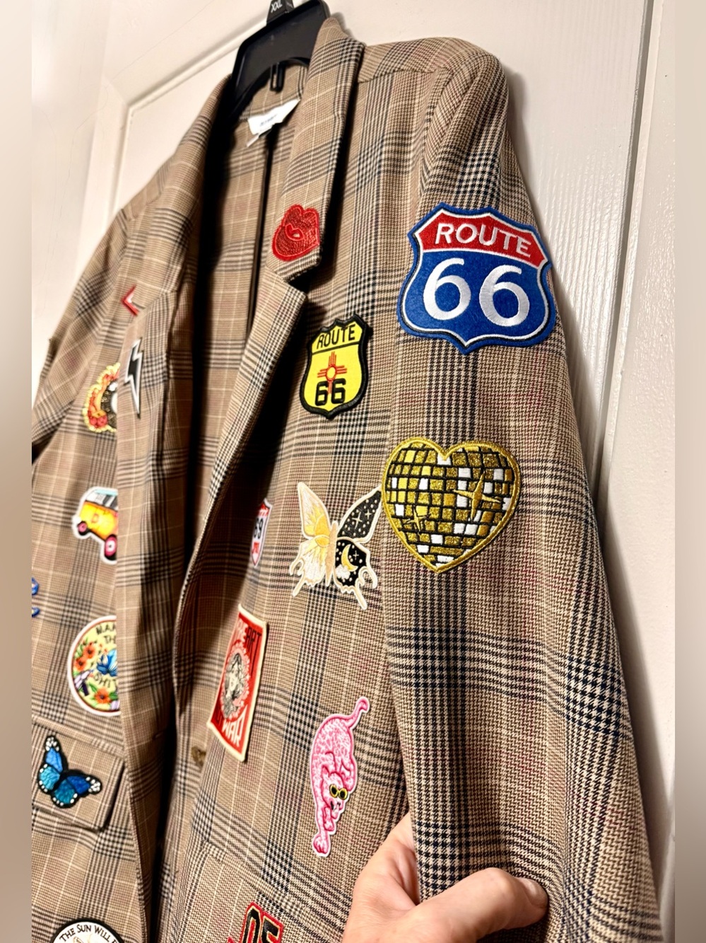 Upcycled Old Navy Plaid Blazer with Colorful Embroidered Patches - Picture 8 of 13
